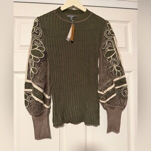 Conditions Apply Sage Green Sweater Embroidery Flower Ballon Sleeve Knit Grandma